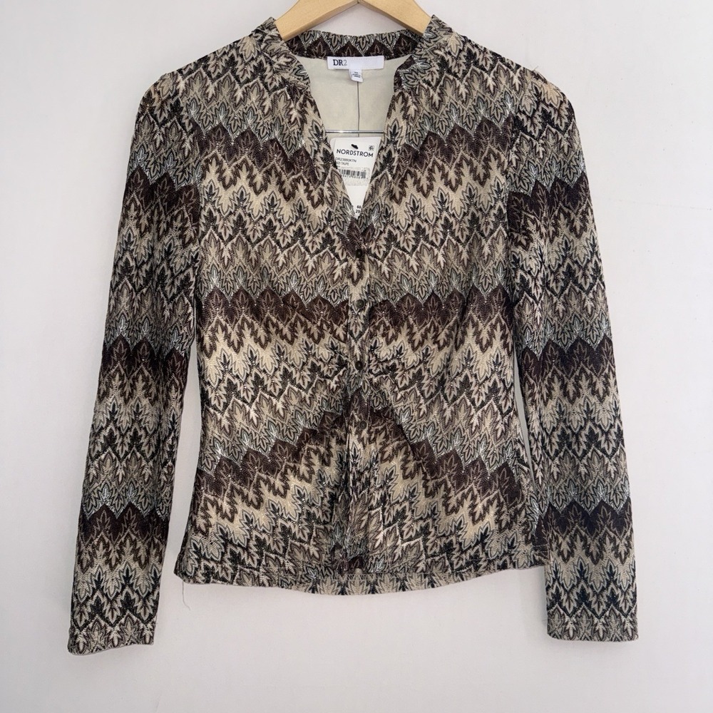 DR2 Womens Taupe Brown Metallic Chevron Lace Knit Button‎ Front Cardigan Size XS